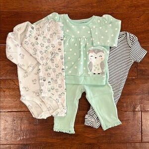 Mint Green Owl Print Kids Set
